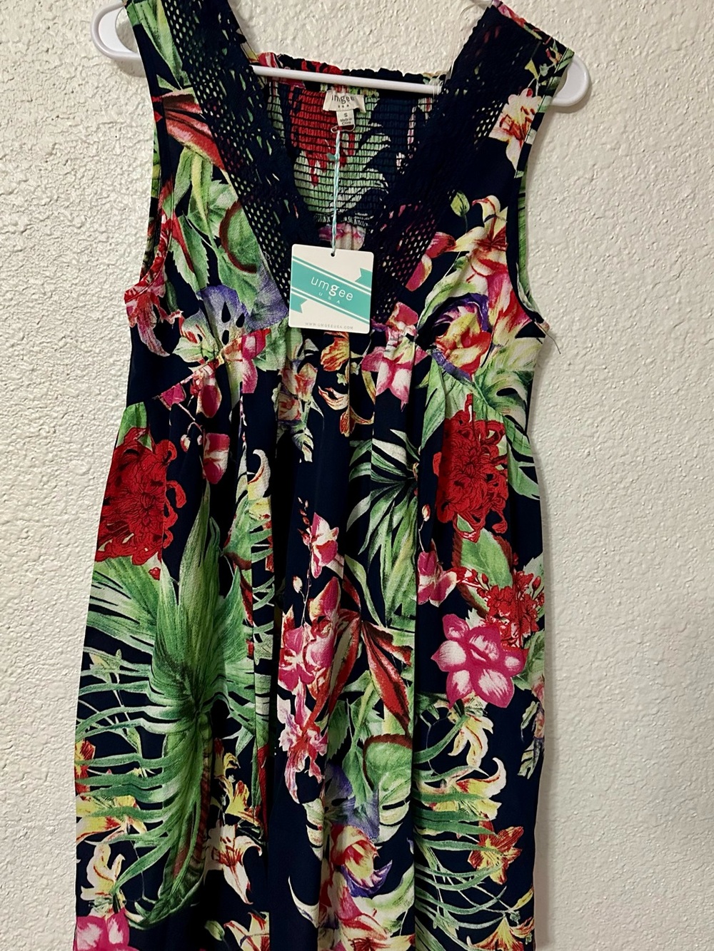 Umgee Navy Tropical Floral Sundress with Bright Green & Red Accents